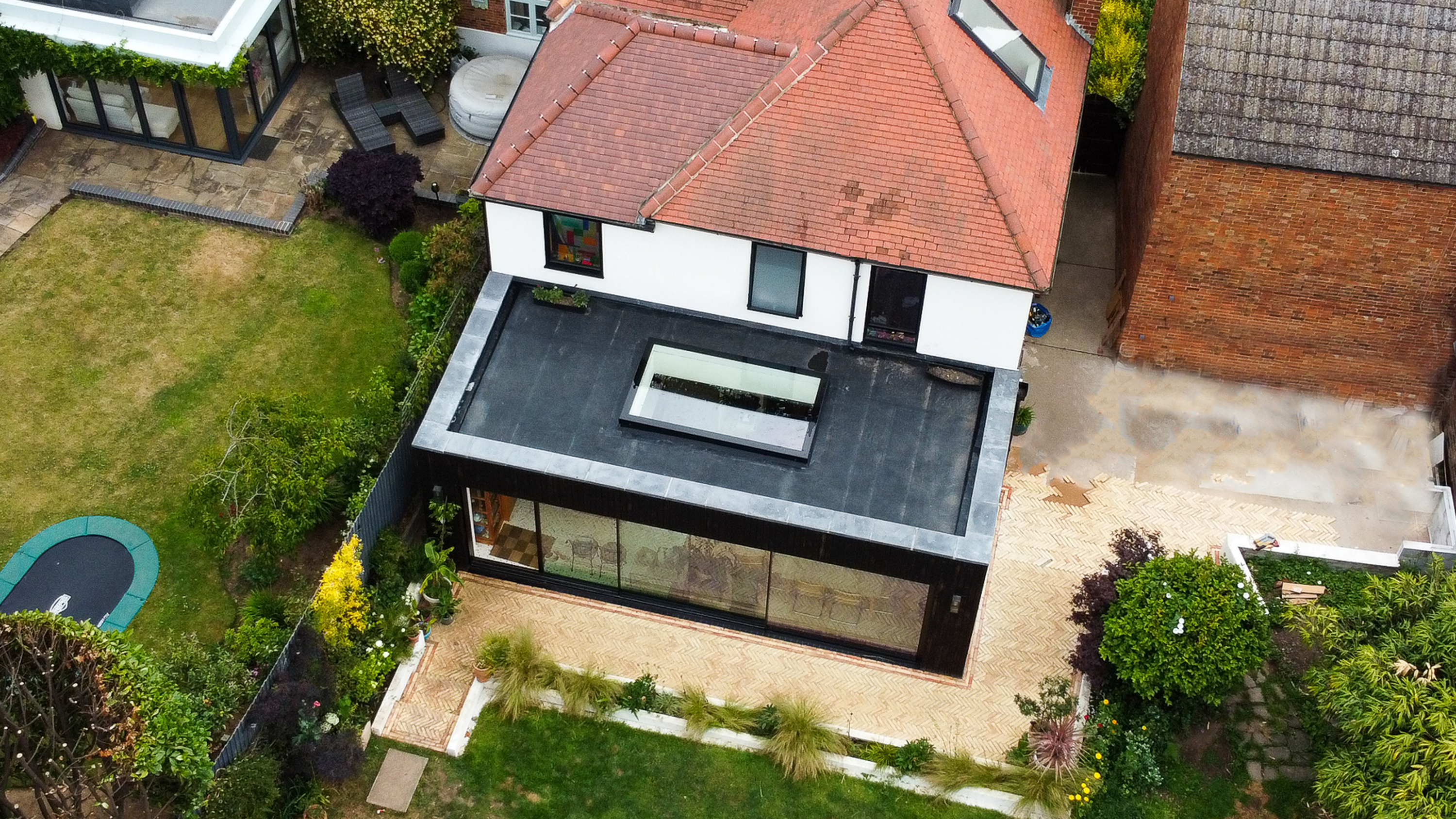 Exterior birds eye view of new extension, bespoke rooflight has been installed onto the flat roof 